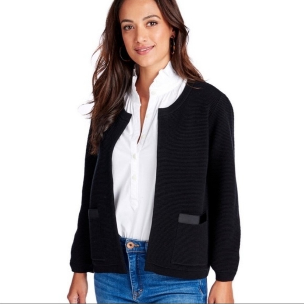 Vineyard Vines Black Grosgrain Ribbon Rib Knit Cotton Cardigan Sweater